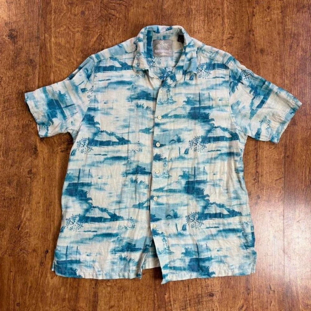 Margaritaville blue and cream button up shirt with nautical design. Item 521‎